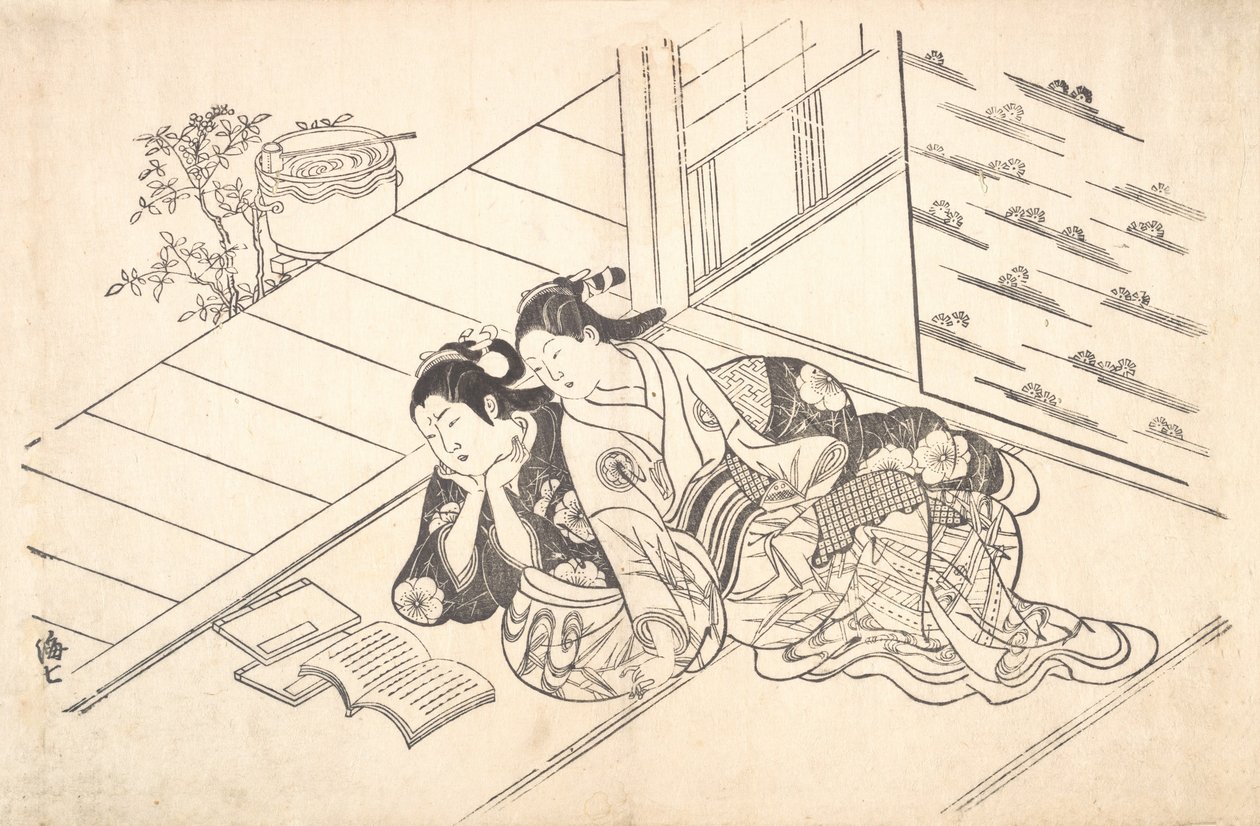 Kaksi naista makaamassa huoneen lattialla ja lukemassa kirjaa, n. 1730, n. 1730. tekijältä Nishikawa Sukenobu