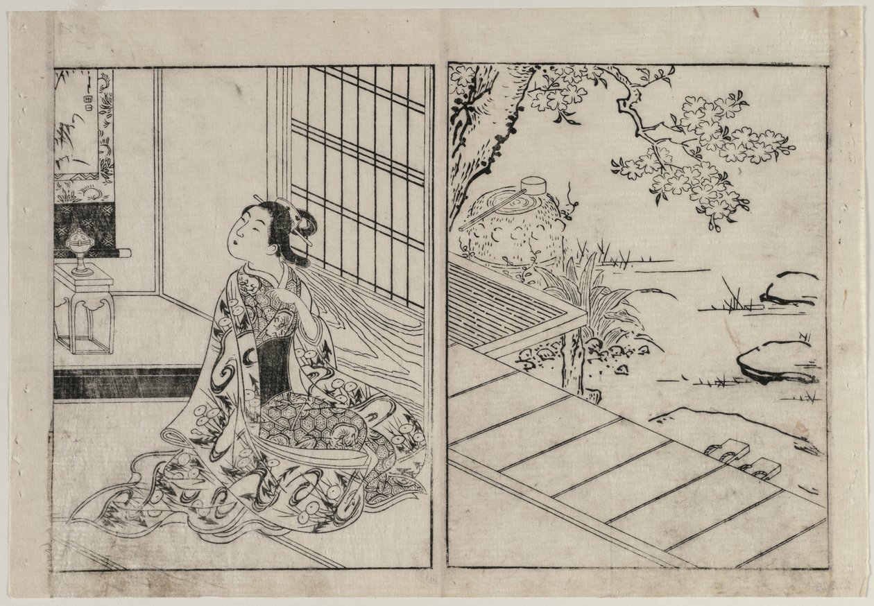 Nainen katselee riippuvaa kirjakääröä, c. 1740-luku. tekijältä Nishikawa Sukenobu