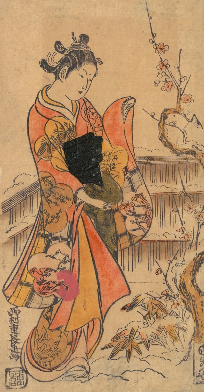 Nuori nainen puutarhassa. tekijältä Nishimura Shigenaga