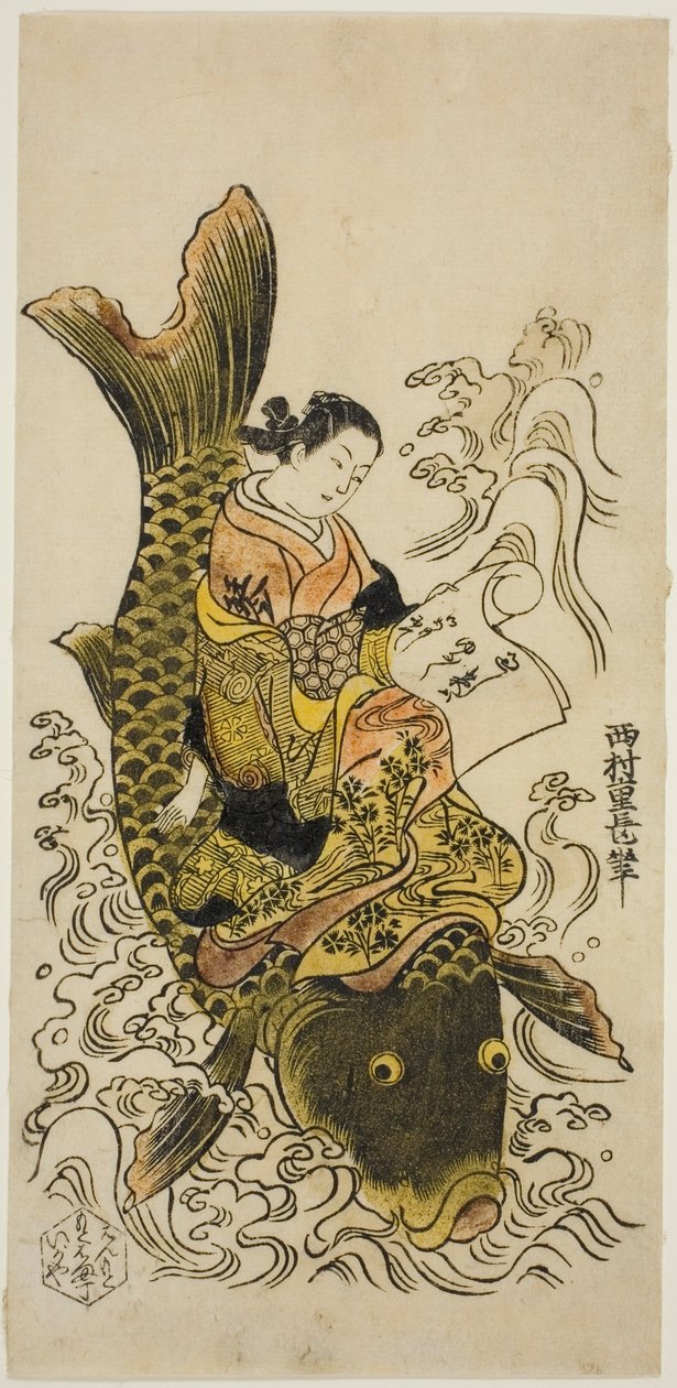 Courtesan Riding a Carp (paròdia del daoista Immortal Kinko [xinès: Qin Gao]) finès tekijältä Nishimura Shigenaga