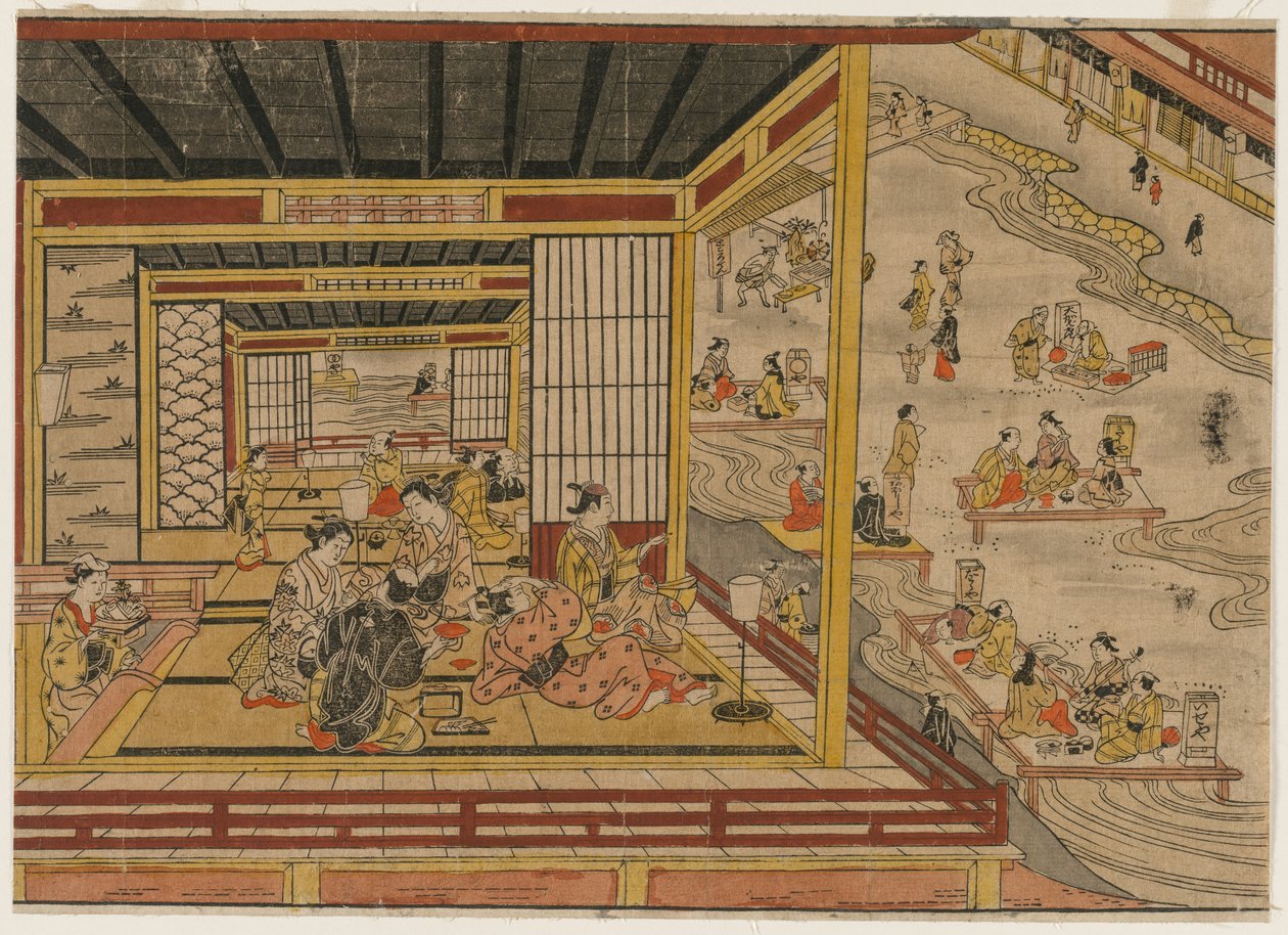 Teetalo Kamo-joen rannalla Kiotossa, 1740-luku. tekijältä Nishimura Shigenaga