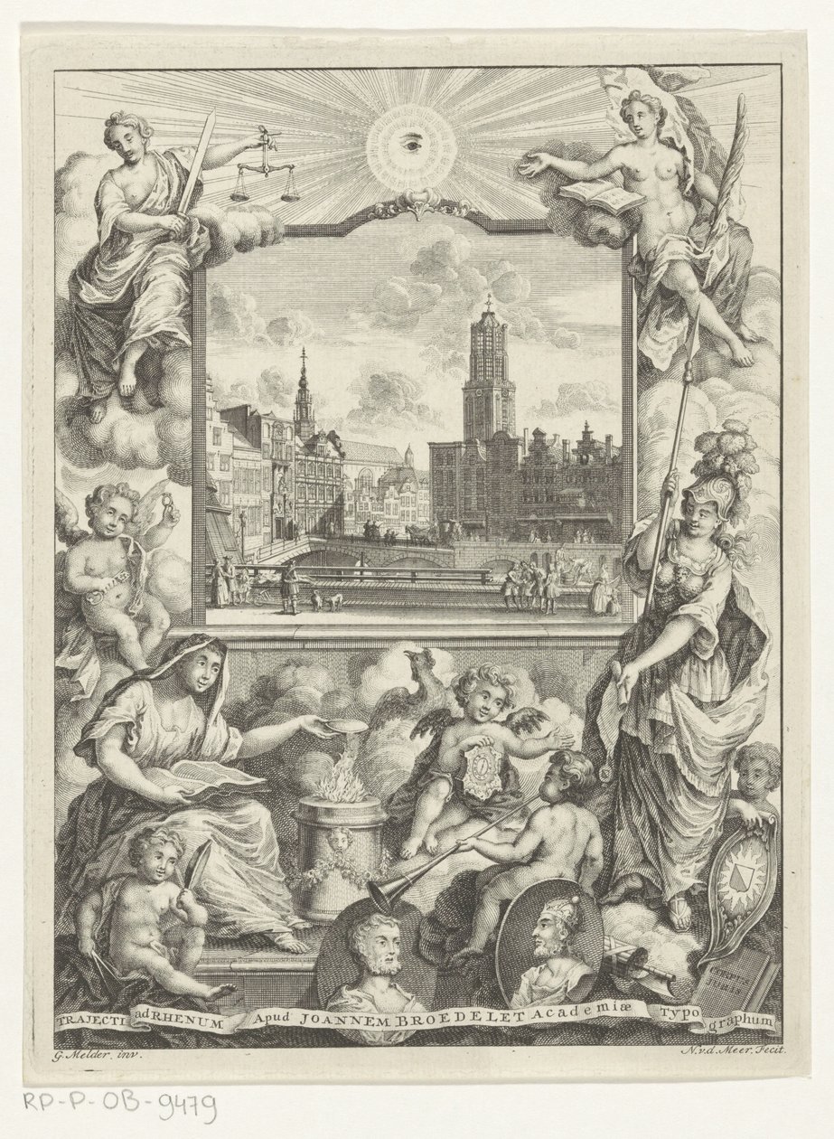 Stadsgezicht met Domkerk te Utrecht en allegorie met Utrechtse stedenmaagd Otsikko: Elias de Vries, Dissertatio juridica, de jure naturale ac gentium, seu duobus prioribus juris fontibus, 1745. tekijältä Noach van der Meer (I)