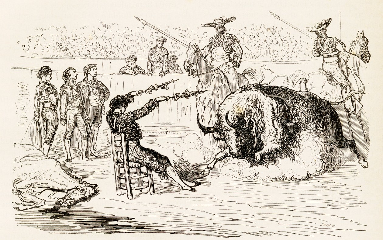 Espanjalainen banderillero, joka asettaa Banderillat istuessaan tuoliin, 1878 (puukaiverrus) tekijältä Noel Eugene Sotain