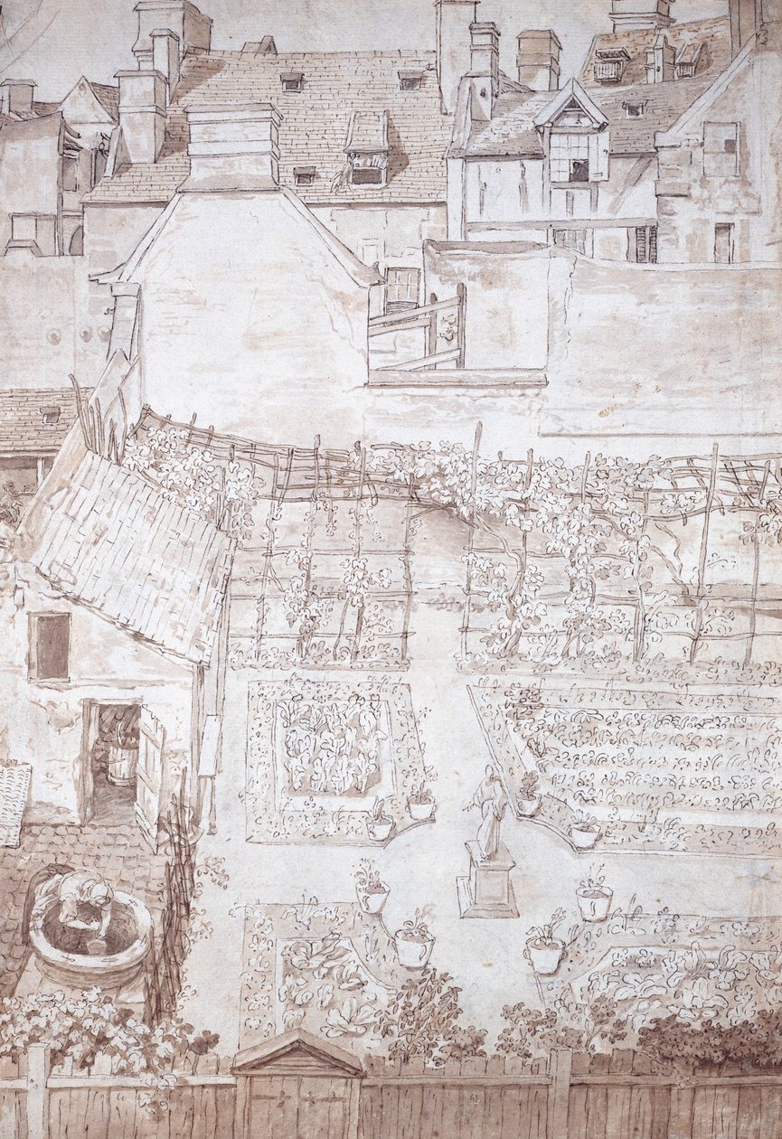 Kaupunkitalon puutarha, parterreja ja viiniköynnöspergolaa, rakennusten ympäröimä, n. 1677 (kynä ja ruskea muste ruskealla pesulla) tekijältä Noel Gasselin