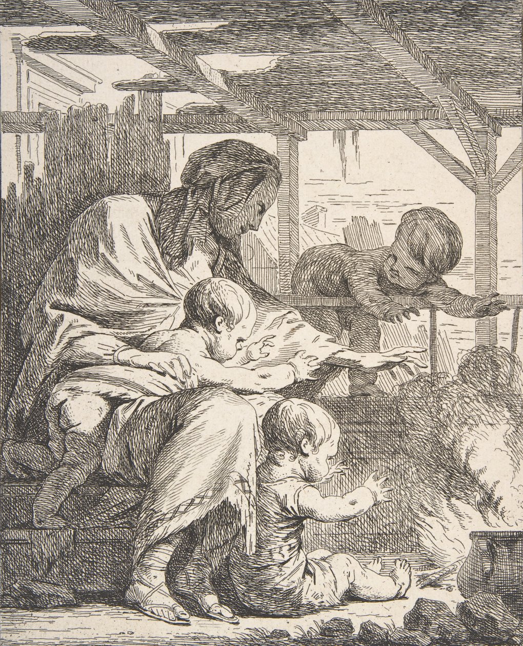Perhe lämmittää käsiään tulella, 1700-luku, 1700-luku. tekijältä Noel Halle