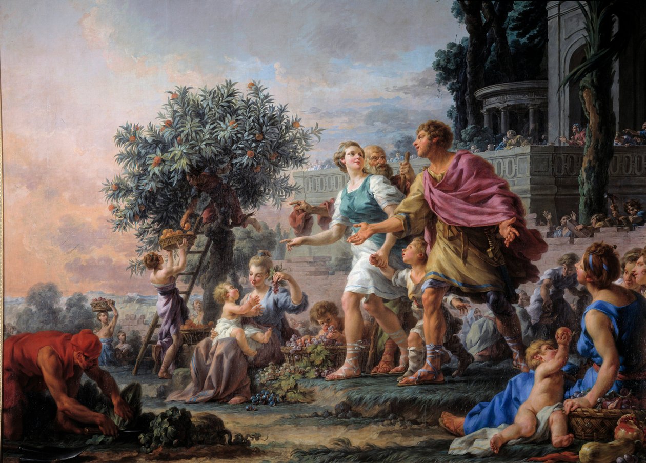 Ateenalaisen Cimonin liberaalisuus kutsuu ihmisiä ottamaan puutarhansa hedelmiä. Jouluhallin maalaus (1711-1781) tekijältä Noel Halle