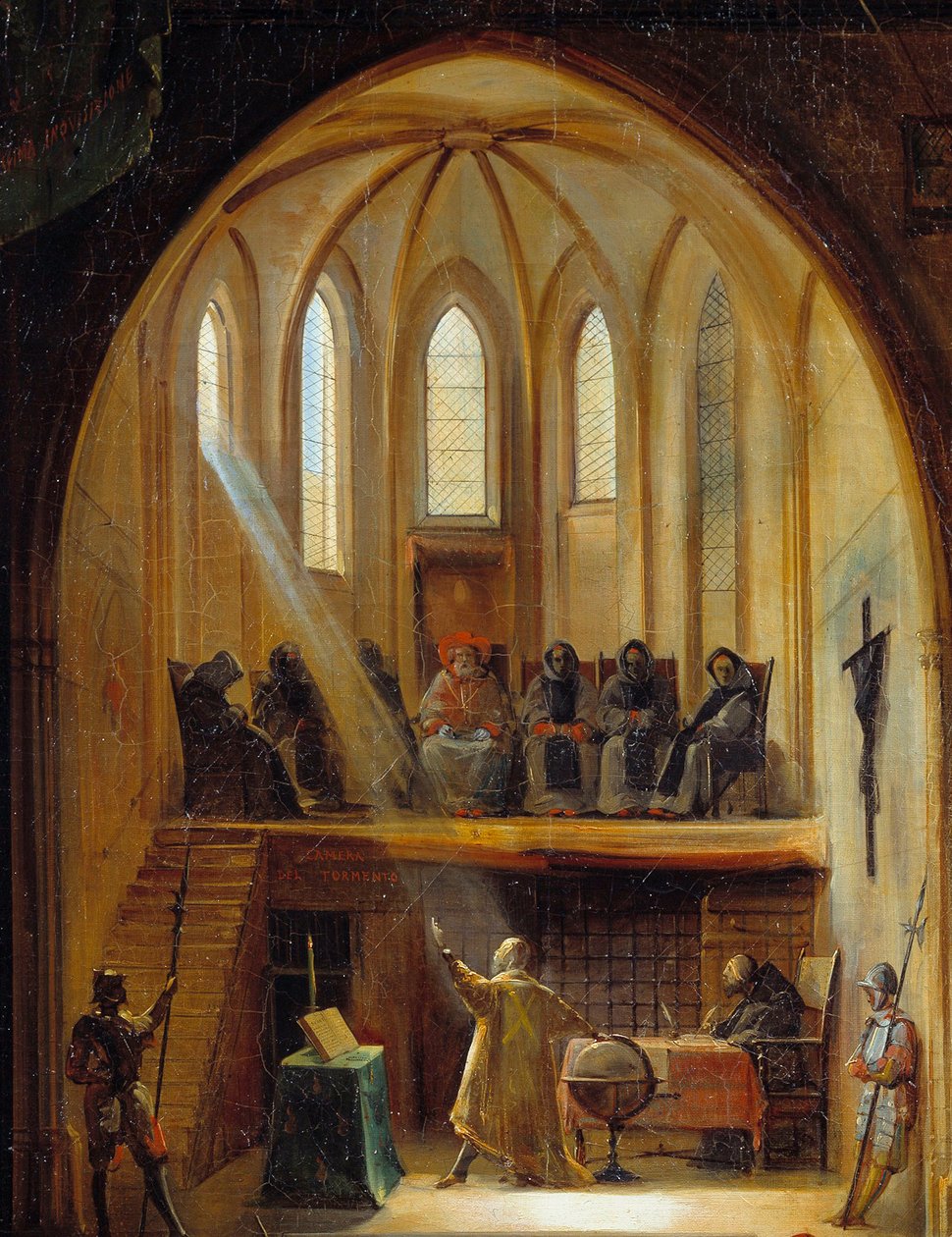 Yksityiskohta "" Galileasta (1564-1642) inkvisitiotuomioistuimen edessä" Italialainen tähtitieteilijä Galileo Galilei tuomittiin vuonna 1633 hänen työstään, joka puolusti Kopernikuksen universumin heliosentristä malliteoriaa. Joseph Clerianin maalaus (1796 tekijältä Noel Thomas Joseph Clerian