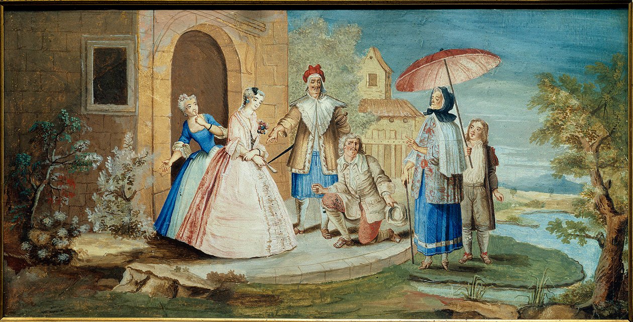 Koomikko ja näytelmäkirjailija Jean Baptiste Poquelin dit Moliere (yksi polvi maahan) ja hänen koomikkonsa teoksessa Georges Dandin ou le mari hämmentynyt""" vuonna 1668. Joulumaalaus Coypel (1628-1707) 1668 Kokoelma Jacques Lorcey tekijältä Noël Coypel