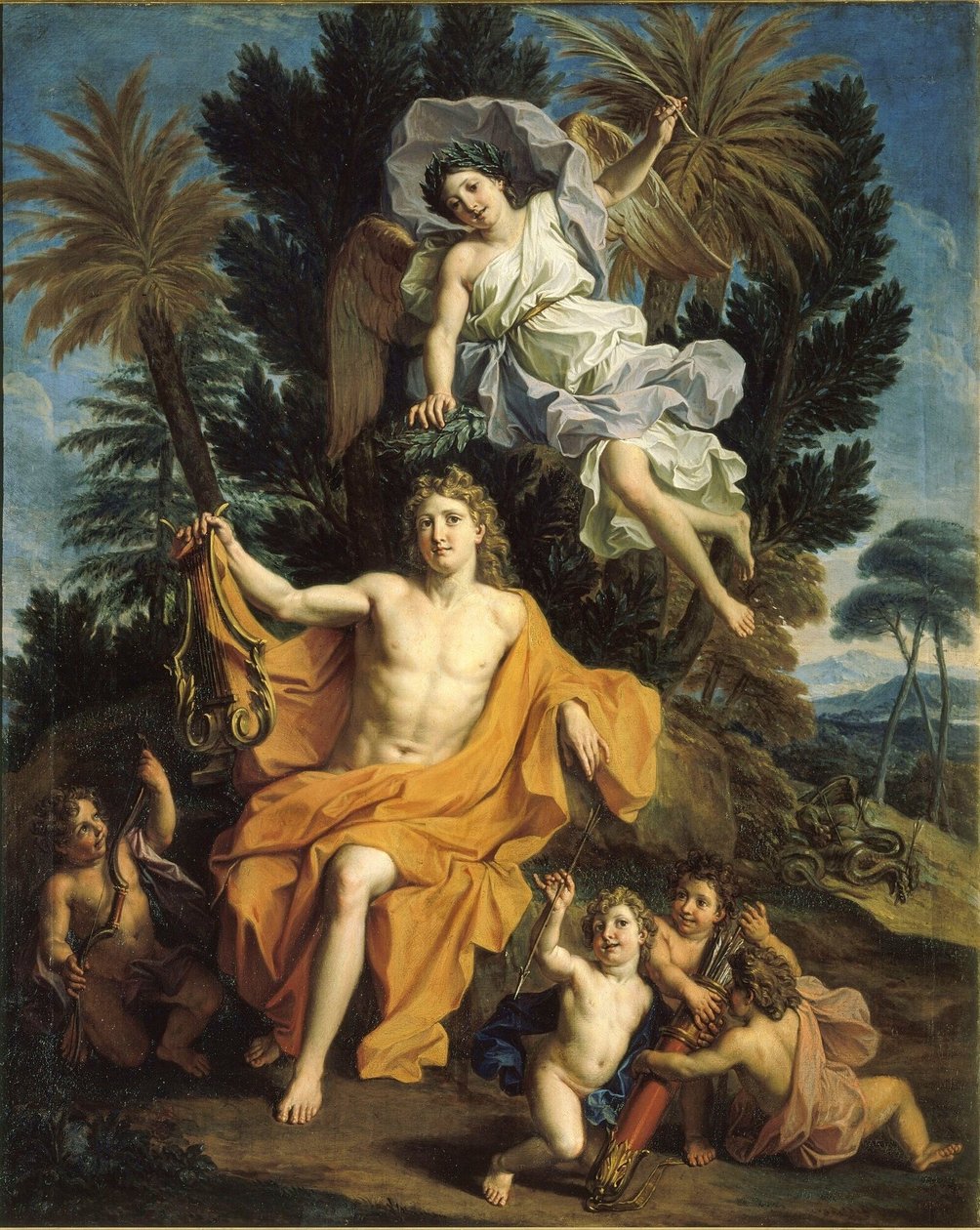 Ranskalainen:  Apollon vainqueur du serpent Python Apollon tarina - Apollon kruunasi voiton tapettuaan Pythonin. tekijältä Noël Coypel