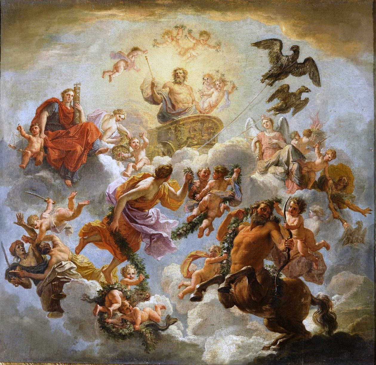 ranska: Jupiter accompagné de la Justice et de la Piété Jupiterin vaunut oikeudenmukaisuuden ja hurskauden välissä. tekijältä Noël Coypel