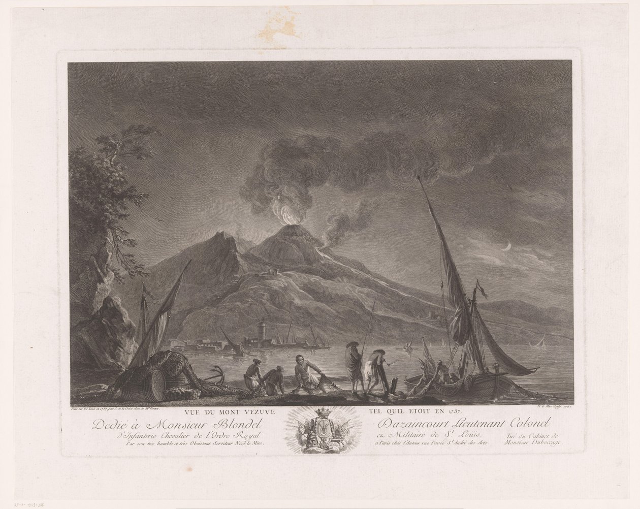 Maisema kalastajien ja aktiivisen Vesuviuksen kanssa Vue du mont Vesuve tel quil etoit en 1757 (otsikko esineessä) tekijältä Noël Le Mire