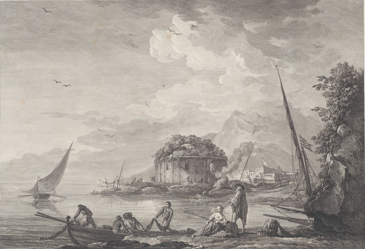 Näkymä Venuksen temppelin jäännöksistä Nisidan saarella lähellä Pouzzolia G..., 1761. tekijältä Noël Le Mire