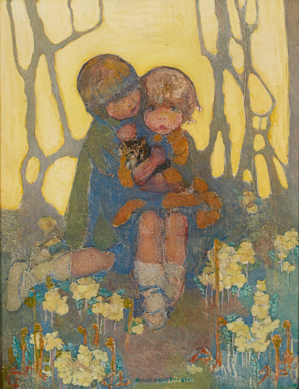 Sisaret kissan kanssa (öljy kankaalle) tekijältä Norah Neilsen Gray
