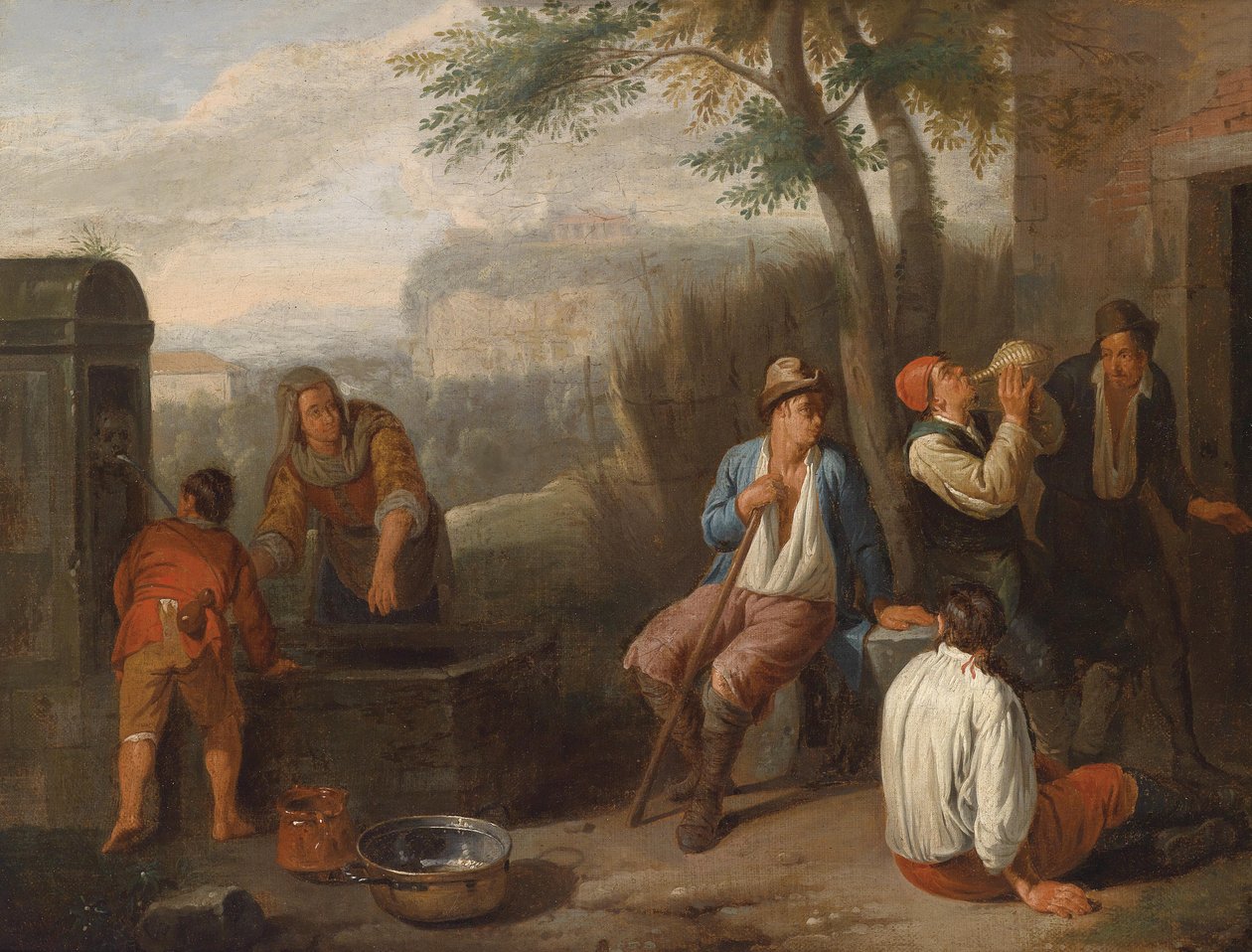 Südliche Landschaft mit an einem Brunnen trinkenden Landleuten tekijältä Norbert van Bloemen