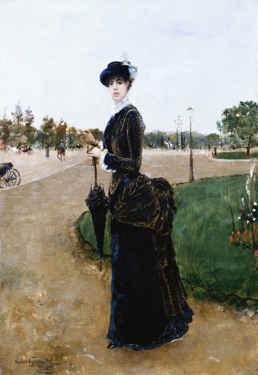 Tyylikäs nainen Bois de Boulognessa, 1880 tekijältä Norbert Goeneutte