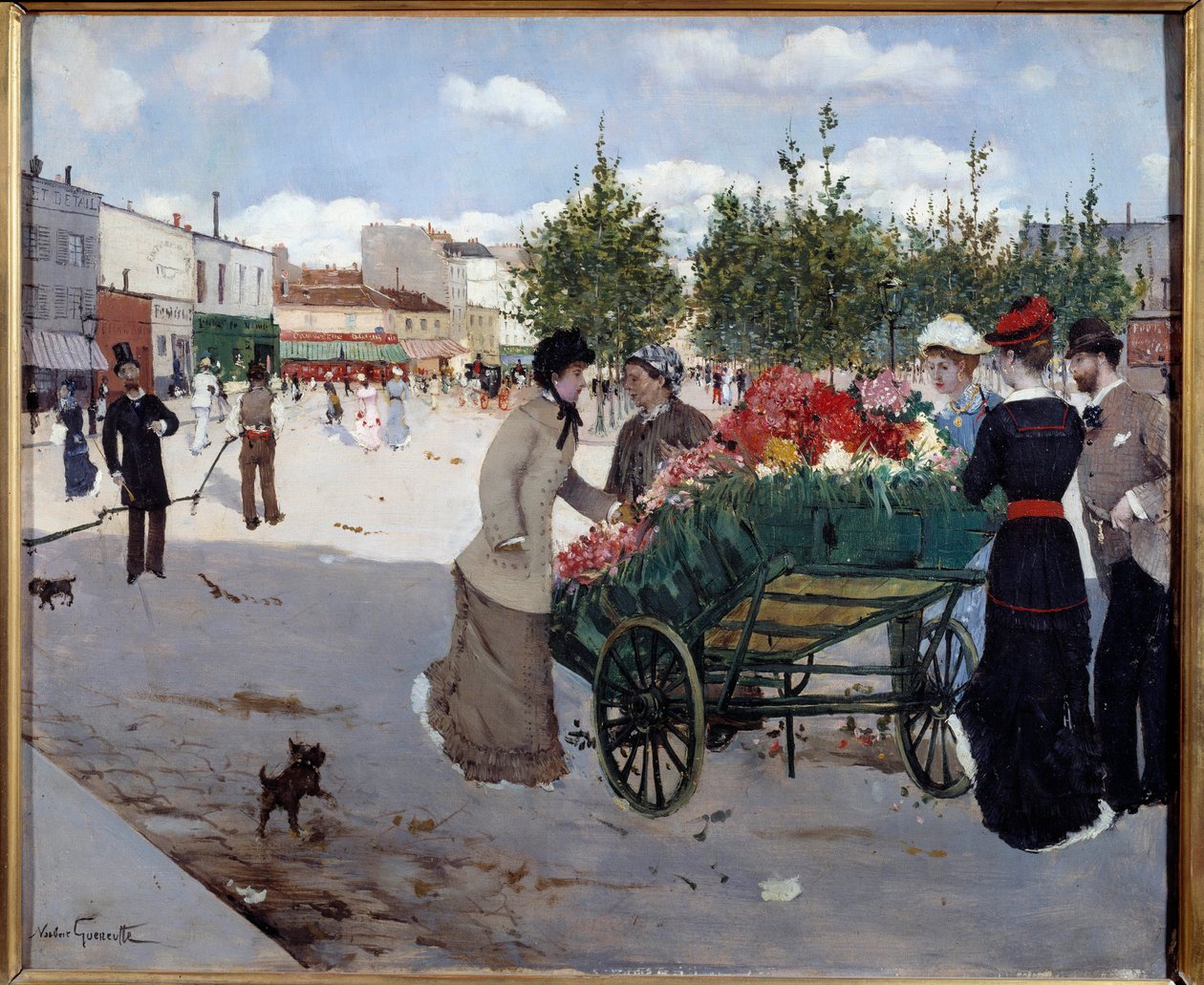 Kukkakauppias Boulevard Rochechouartilla Pariisissa (Marche de la Madeleine). Norbert Goeneutten (1854-1894) maalaus tekijältä Norbert Goeneutte