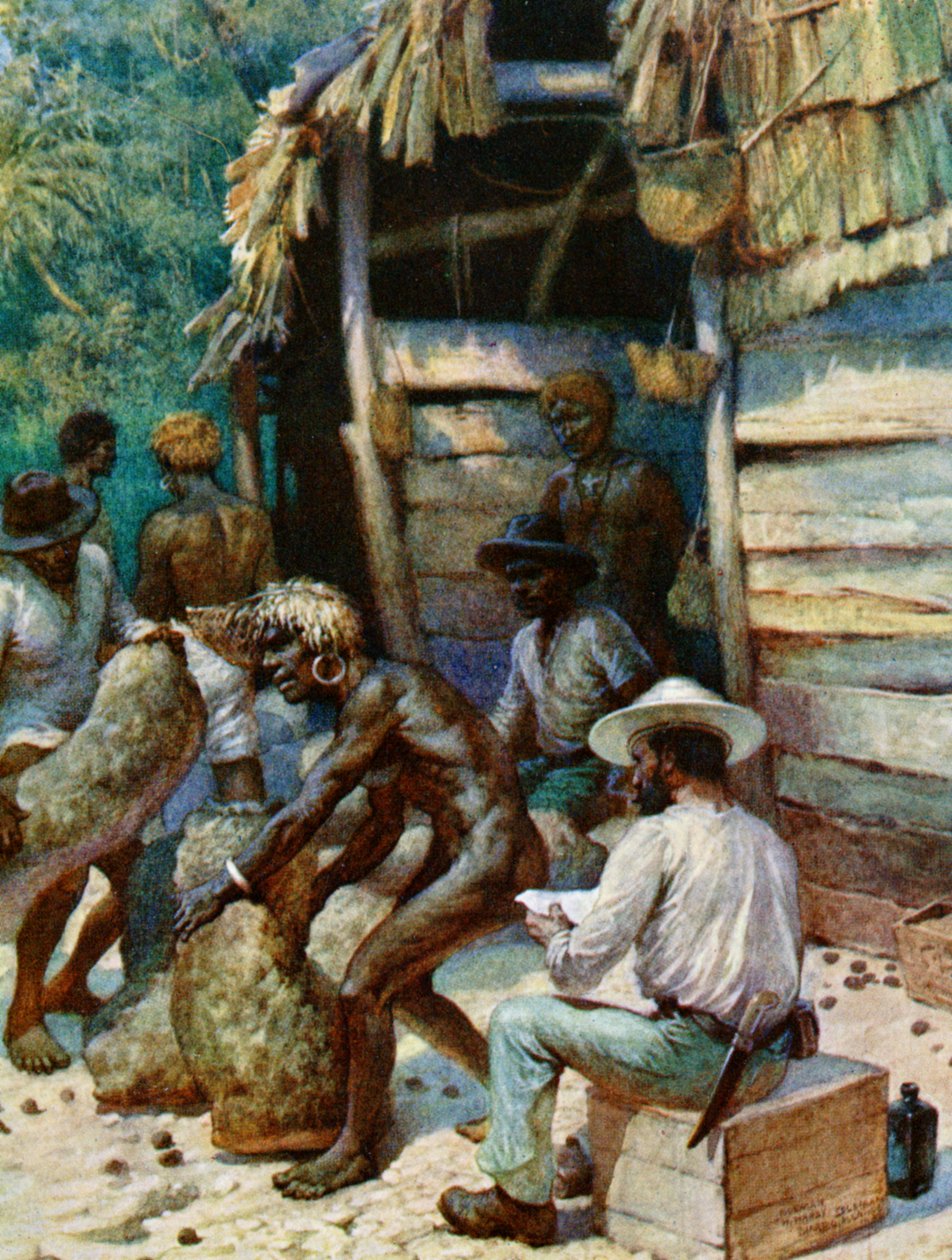 Etelämeren saaren kauppias ja hänen säkkinsä norsunluupähkinöitä, 1908 tekijältä Norman Hardy