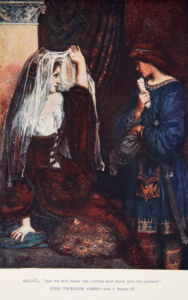 "Mutta vedämme verhot ja näytämme sinulle kuvan", kahdestoista yö, näytös 5, kohtaus 5, kuvitus Charles ja Mary Lambin kirjoituksesta "Tales from Shakespeare" tekijältä Norman Mills (after) Price