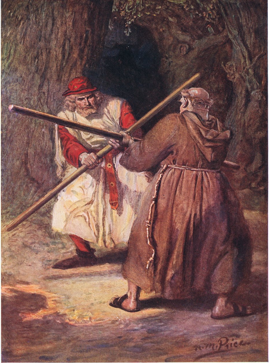Hän myöntyi ennen Friar Tuckin tasaisia vetoja, kuvitus May Byronin teoksesta "The Children