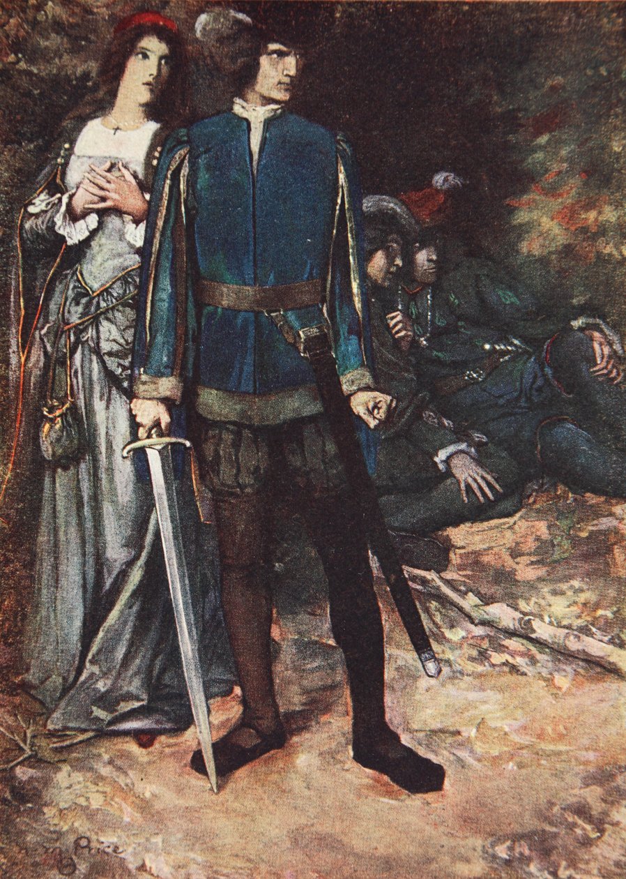 "Uskallan vain hengittää rakkauttani", kaksi herraa Veronasta, näytös V kohta 4, kuvitus Charles ja Mary Lambin tarinasta "Tales from Shakespeare" tekijältä Norman Mills (after) Price
