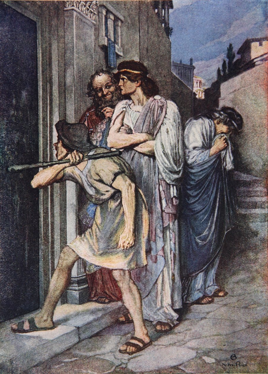 "Let my Master in", The Comedy of Errors, näytös III kohtaus 1, kuvitus Charles ja Mary Lambin tarinasta "Tales from Shakespeare" tekijältä Norman Mills (after) Price
