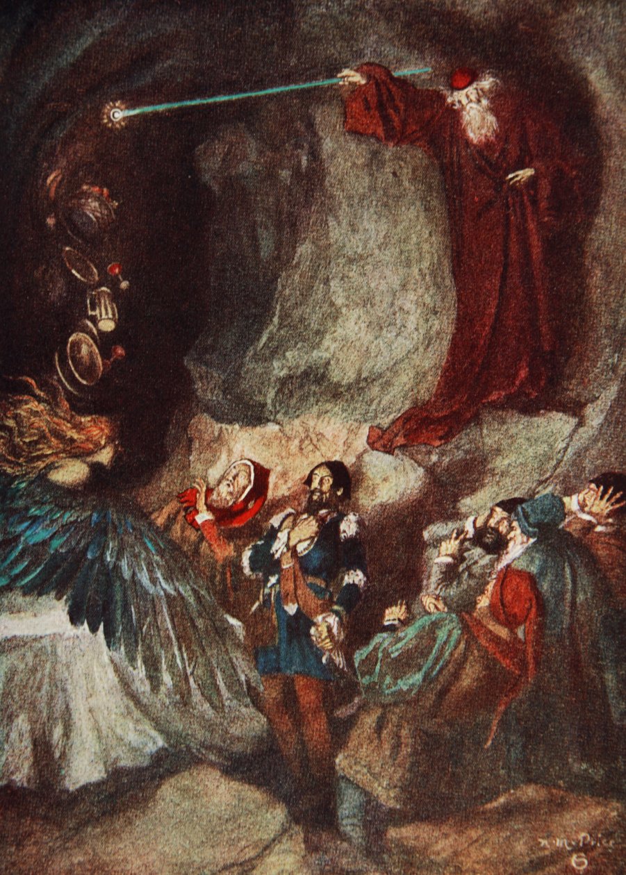 The Feast katosi, The Tempest Act III, kohtaus 3, kuvitus Charles ja Mary Lambin teoksesta Tales from Shakespeare tekijältä Norman Mills (after) Price