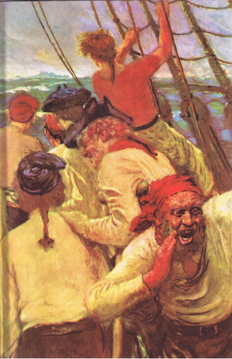 Kannen sisäkuviointi, MacDonaldin 1947 julkaisema Treasure Island (värilitho) tekijältä Norman Mills Price