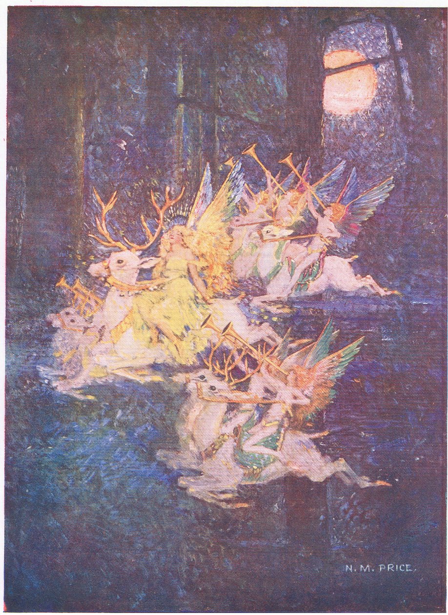 The Fairy Love: Metsän läpi kuu vilkaisi, siellä näin Faysin etenevän (väri litho) tekijältä Norman Mills Price