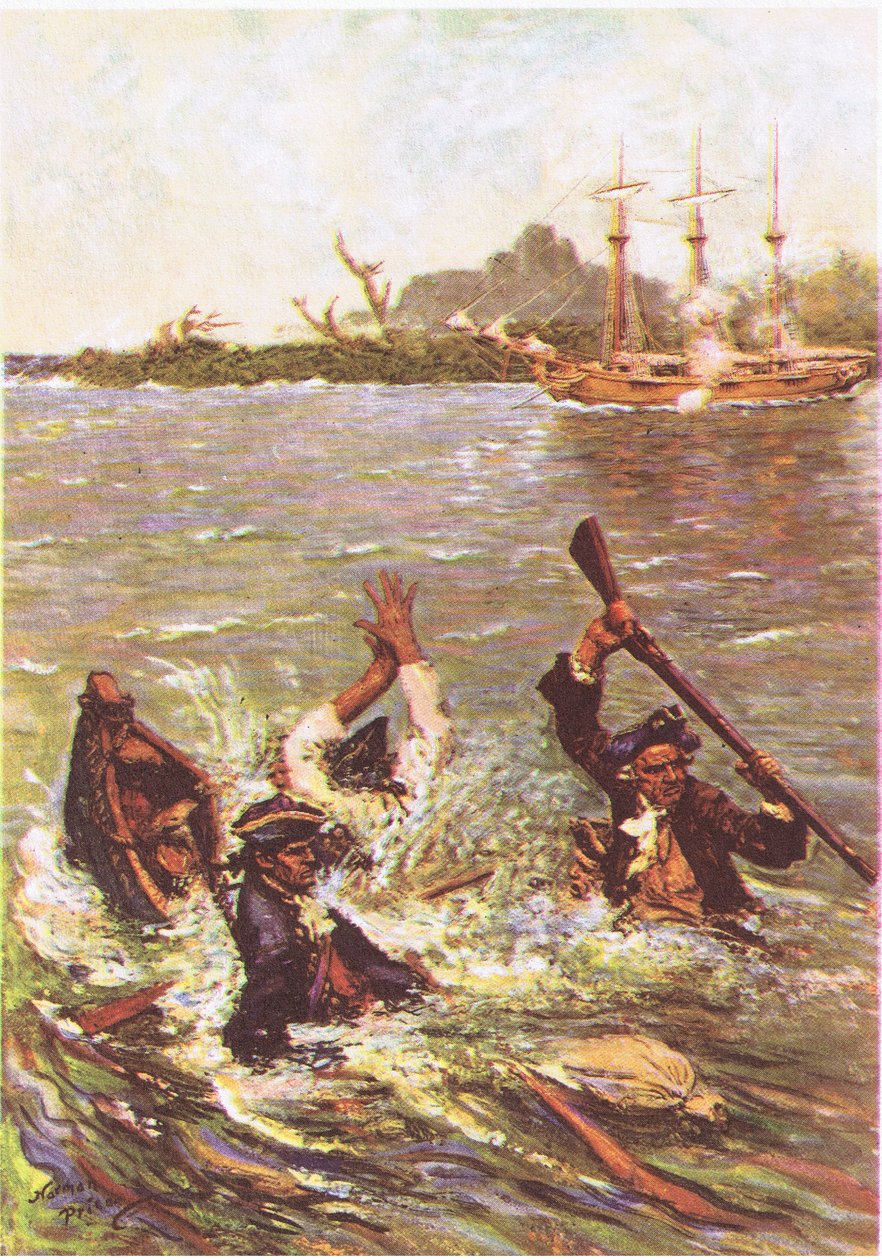 Vene upposi perästä kolme jalkaa veteen, MacDonaldin 1947 julkaisemasta Treasure Islandista (väri litho) tekijältä Norman Mills Price