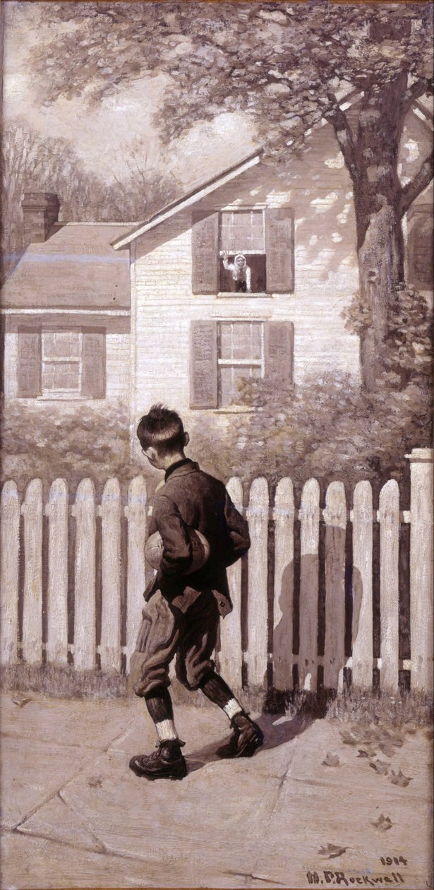 Taikajalkapallo: "Tommy ilmestyi yläkerran ikkunaan. (Poika, jolla on sikotauti) tekijältä Norman Rockwell
