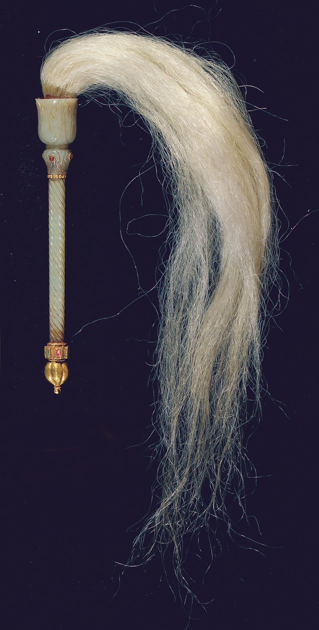Mogulien veistetty jade flywhisk (jade, punainen kivi, kulta ja hevosen karva), noin 1775-79. tekijältä North Indian School