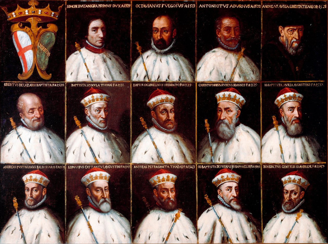 Geenitasavallan vaakuna ja Dogeen muotokuvia - Simone Boccanegra, Ottaviano Fregoso ja Antoniotto II Adorno; Andrea Doria. Oberto Cattaneo Lazzari, Battista Spinola, Battista Lomellini, Cristoforo Grilaldi Rosso, Giovanni Battista Doria tekijältä Northern Italian School
