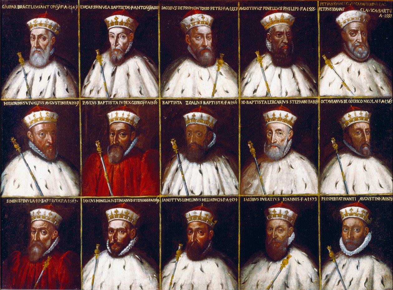 Geenitasavallan vaakuna ja Dogeen muotokuvia. Gaspare Grimaldi Bracelli, Luca Spinola, Giacomo Promontorio, Agostino Pinello Ardimenti, Pietro Giovanni Chiavica, Girolamo Vivaldi, Paolo Battista Giudice, Battista Cicala Zoaglio, Giovan tekijältä Northern Italian School