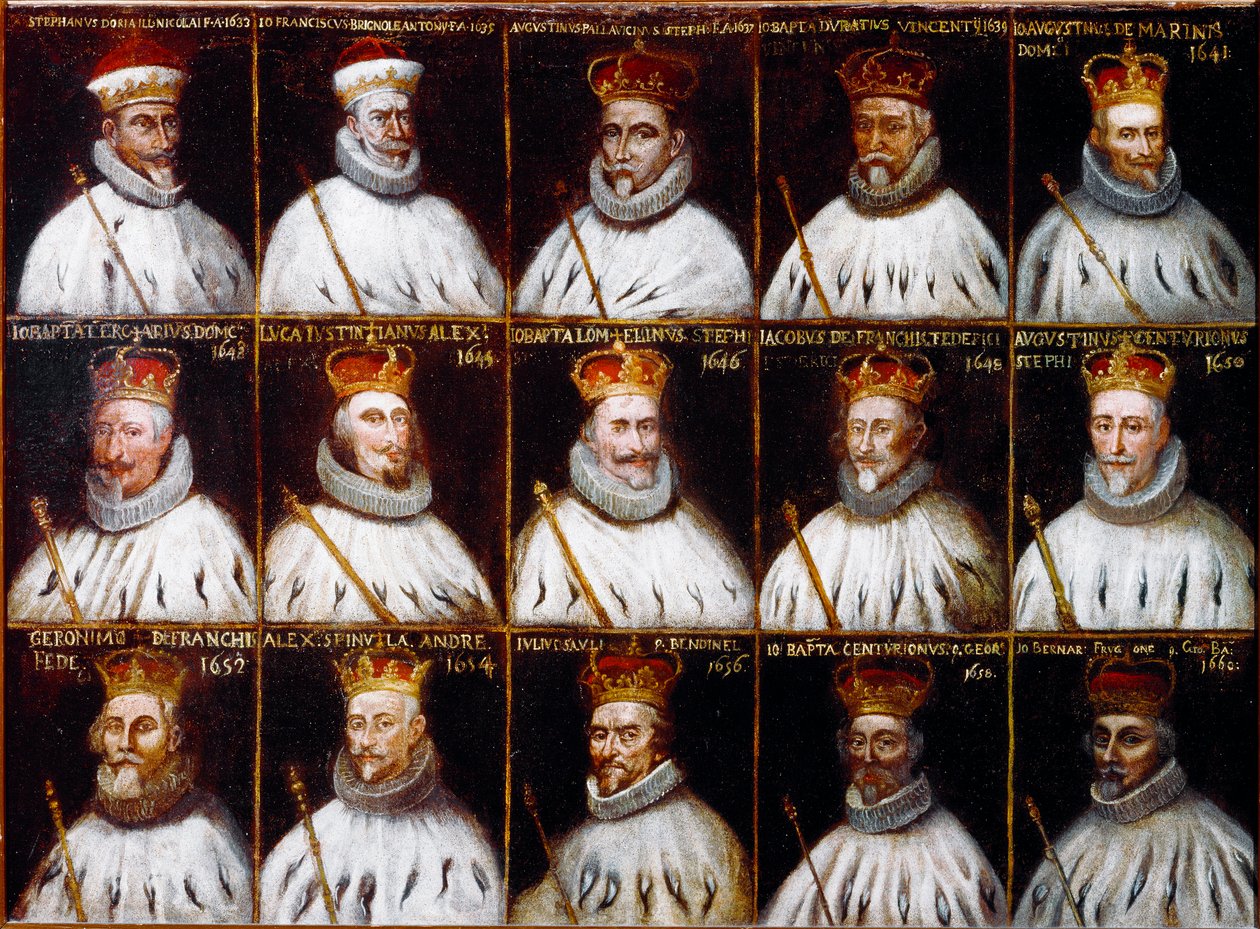 Geenitasavallan vaakuna ja Dogeen muotokuvia. Giovanni Stefano Doria, Francesco Gio. Brignole Sale, Agostino Pallavicini, Giovanni Battista Durazzo, Agostino Giovanni De Marini, Giovan Battista Lercari, Luca Giustiniani, Giovanni Battista L tekijältä Northern Italian School
