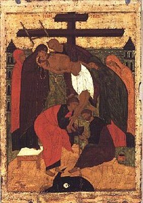 Laskeuma, ikoni Novgorodin koulusta, 1400-luku tekijältä Novgorod School