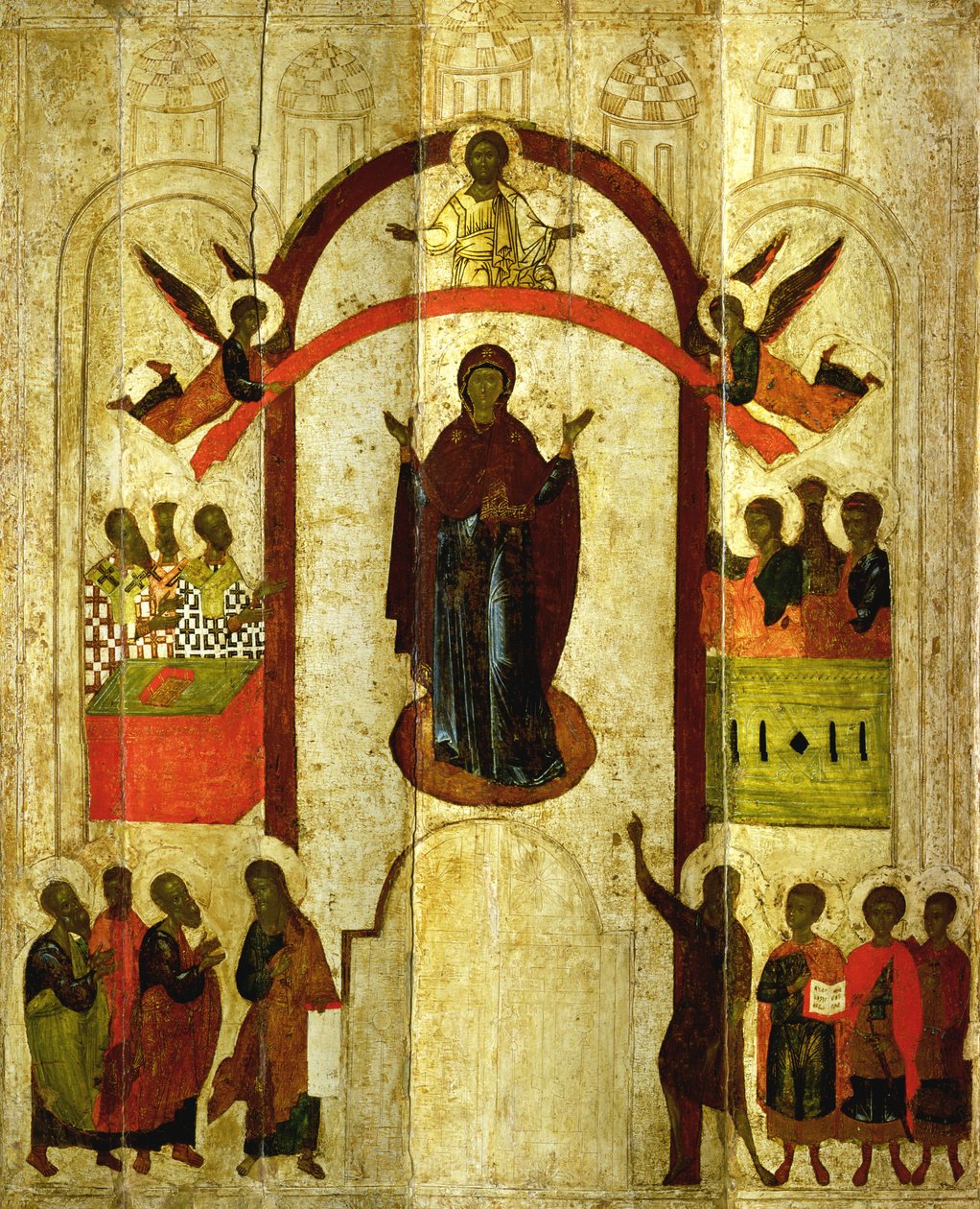 Theotokosin (Jumalan Äidin) suojelus venäläinen ikoni Zverinin luostarista, 1399 (tempera paneelissa) tekijältä Novgorod School