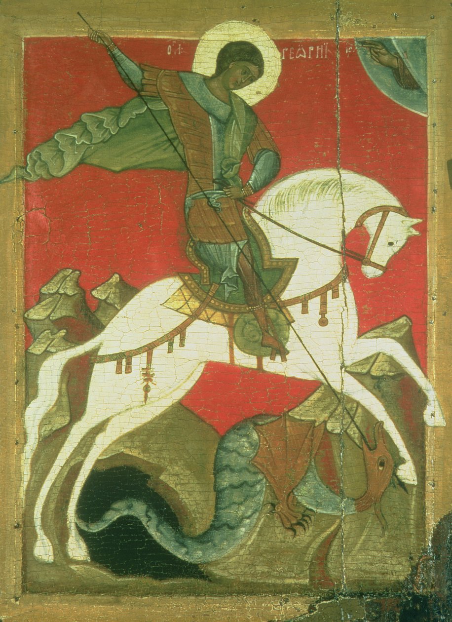 Pyhän Yrjön ja lohikäärmeen ikoni (tempera paneelissa) tekijältä Novgorod School
