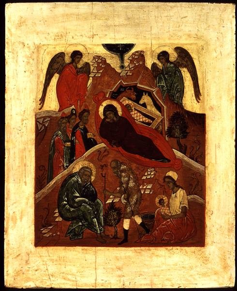 Syntymän ikoni, tietäjien palvonta ja Pyhän Joosefin kiusaus, n. 1500 (taulussa kultalehti ja tempera) tekijältä Novgorod School