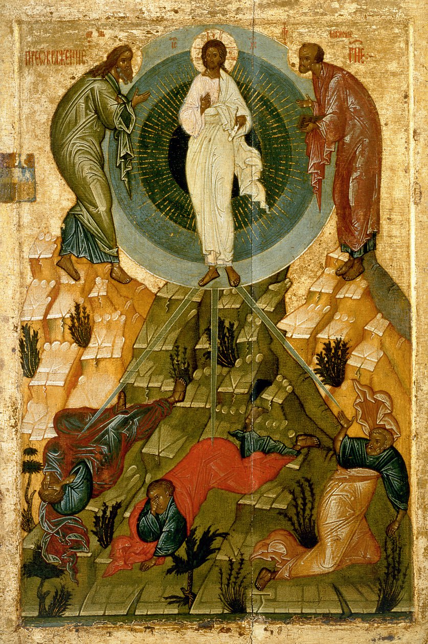 Herramme kirkastaminen, venäläinen ikoni Pyhän Theotokos-unien kirkosta Volotovon kentällä lähellä Novgorodia (tempera paneelissa) tekijältä Novgorod School