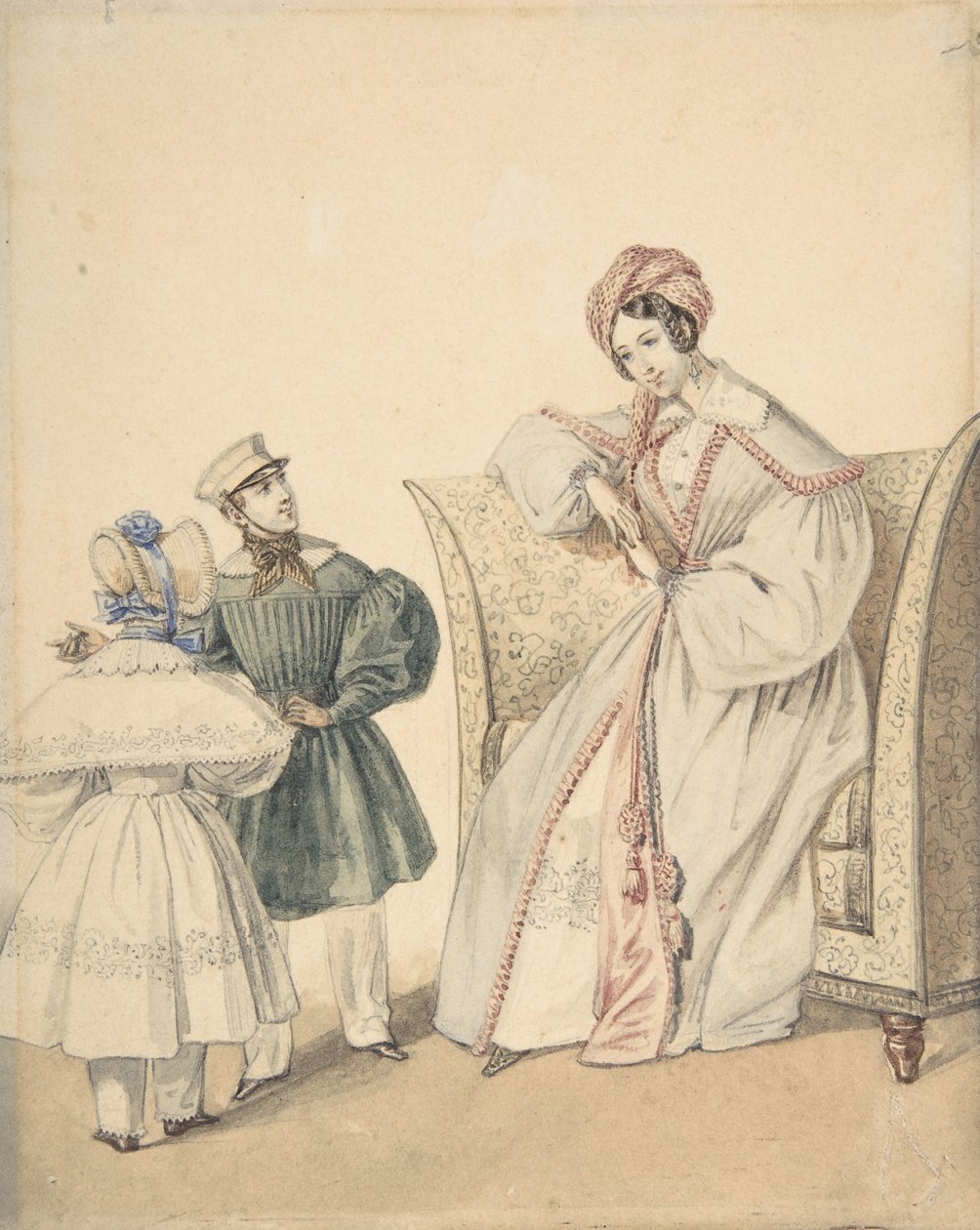 Muotipiirustus, jossa nainen istuu tuolissa pojan ja tytön kanssa, 1800-luku. tekijältä Numa Bassaget