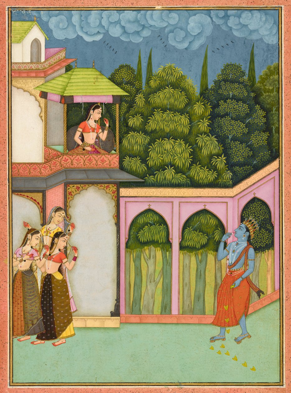 Krishna lähestyy Radhaa, foliota <em>Rasikpriyasta</em> tekijältä Nuruddin