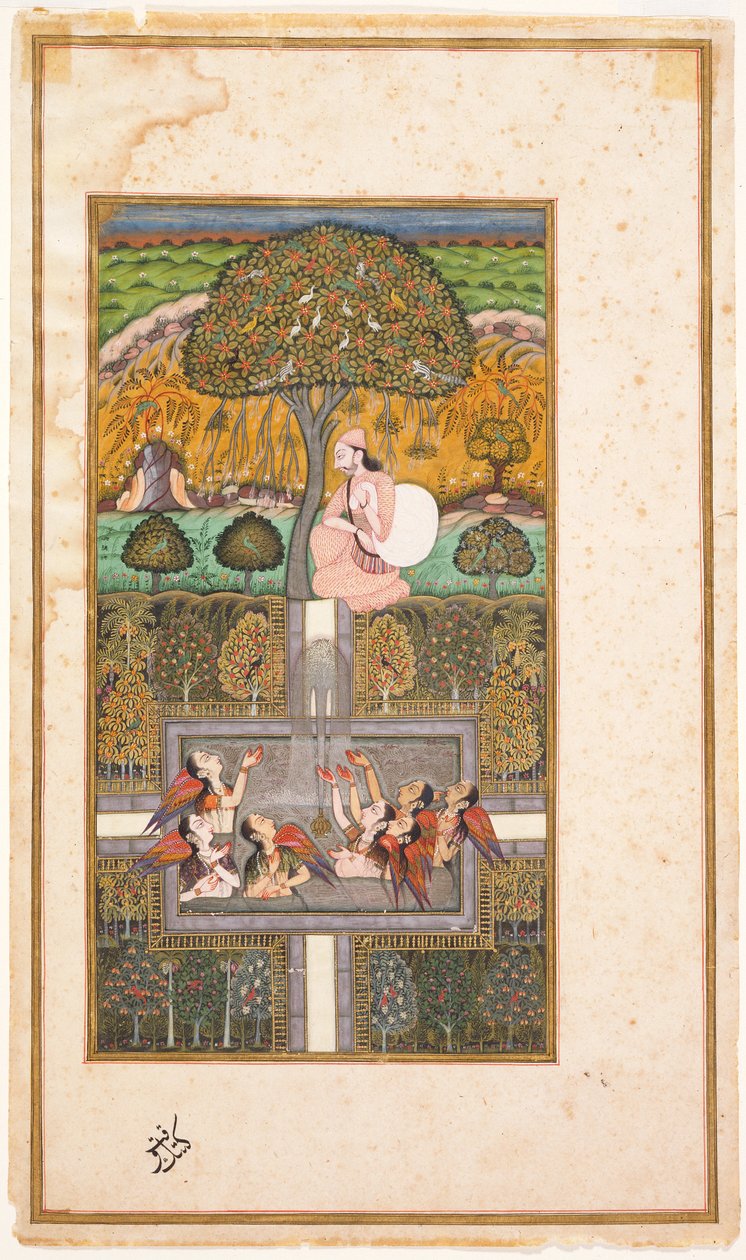 Raja Bikram ja enkelit, kuvitus Gulsham-i-Ishq -teoksesta, noin 1700 (wc ja kultaa paperilla). tekijältä Nusrati of Bijapur