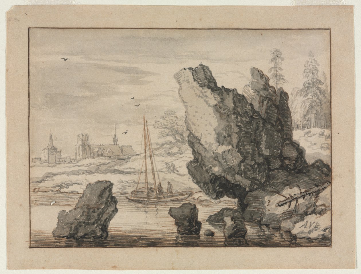 Kalliomainen lahti kalastusveneineen tekijältä Nymphenburg Porcelain Factory