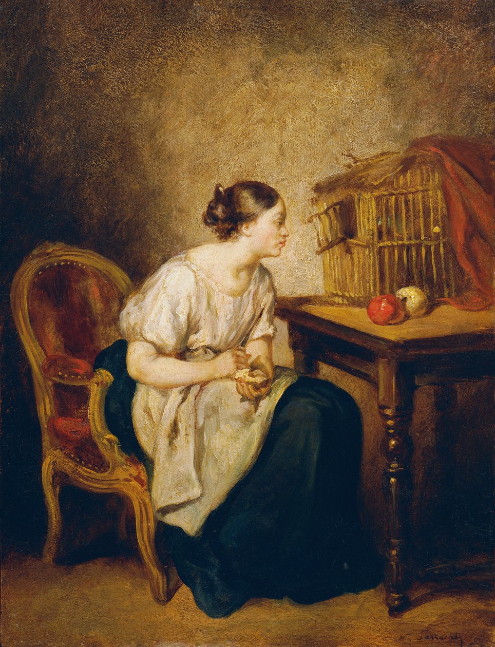 Nuori nainen lintuhäkin kanssa tekijältä Octave Nicolas Francois Tassaert