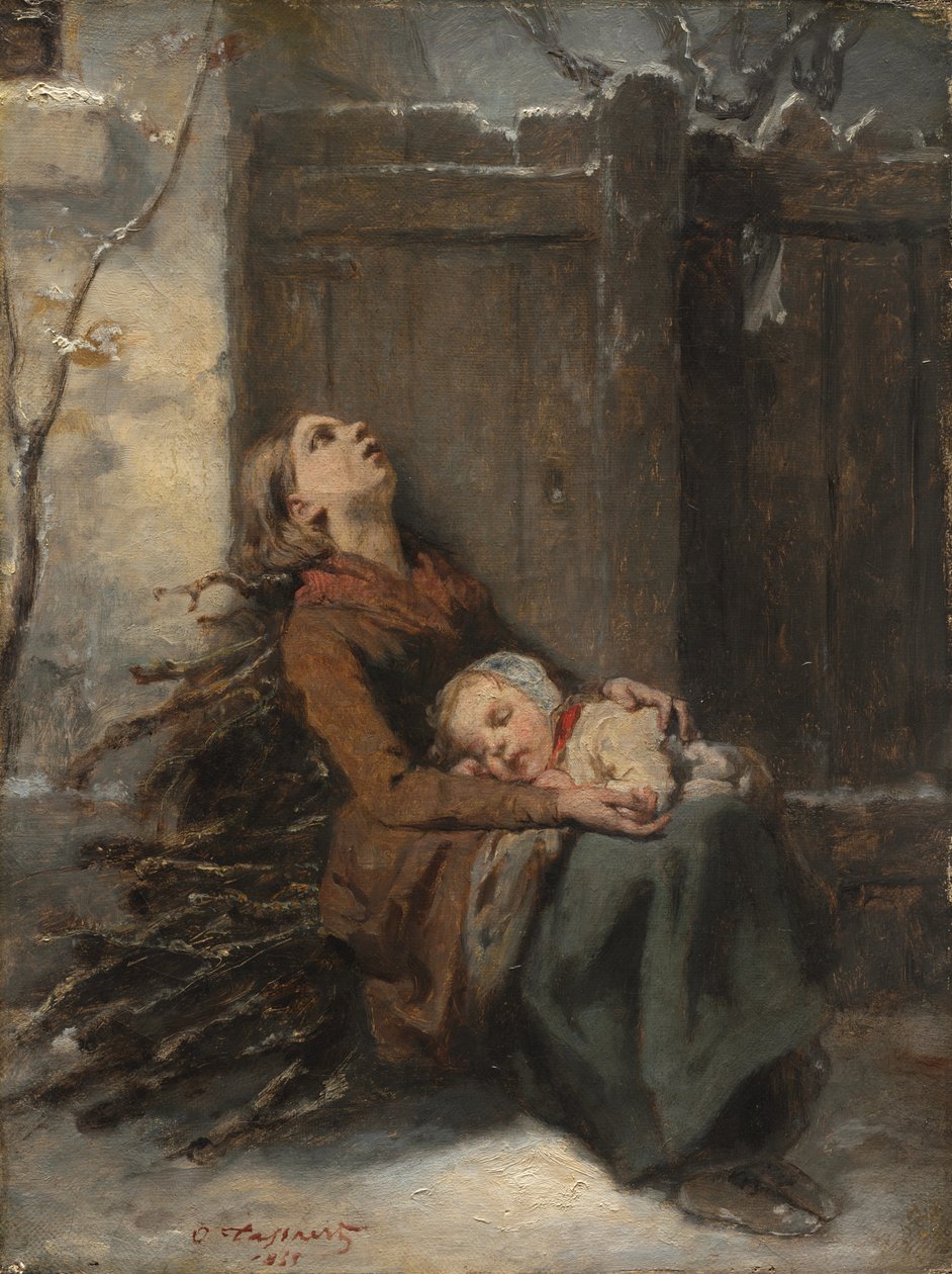 Köyhä kuollut äiti pitelee nukkuvaa lastaan talvella, noin 1850 (öljy kankaalle). tekijältä Octave Tassaert