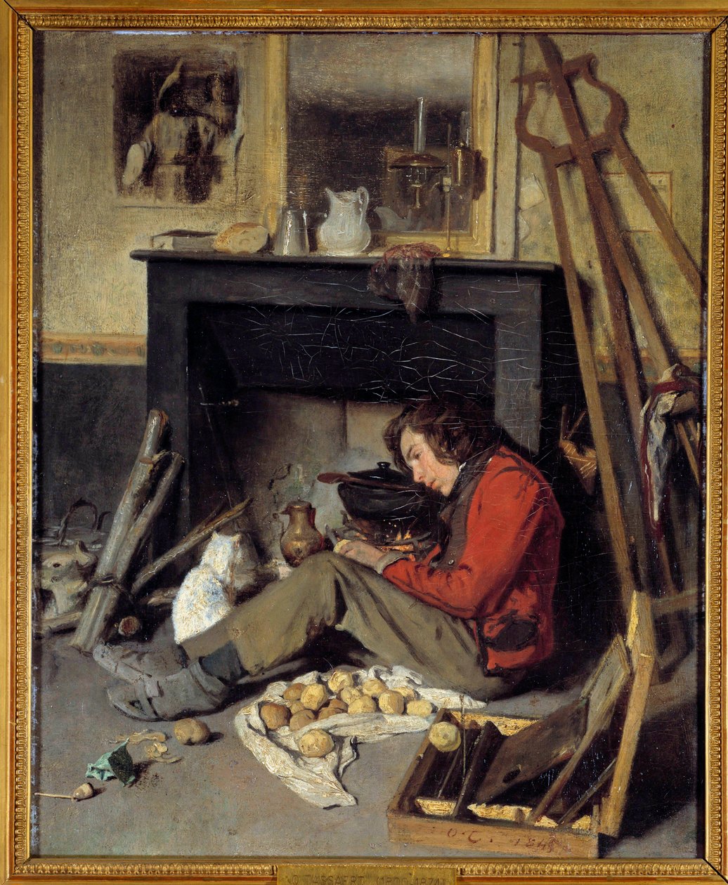 Työpajan sisustus Maalari lähellä takkaa. Octave Tassaertin (1800-1874) maalaus 1845 su. 0,46x0,38 m tekijältä Octave Tassaert