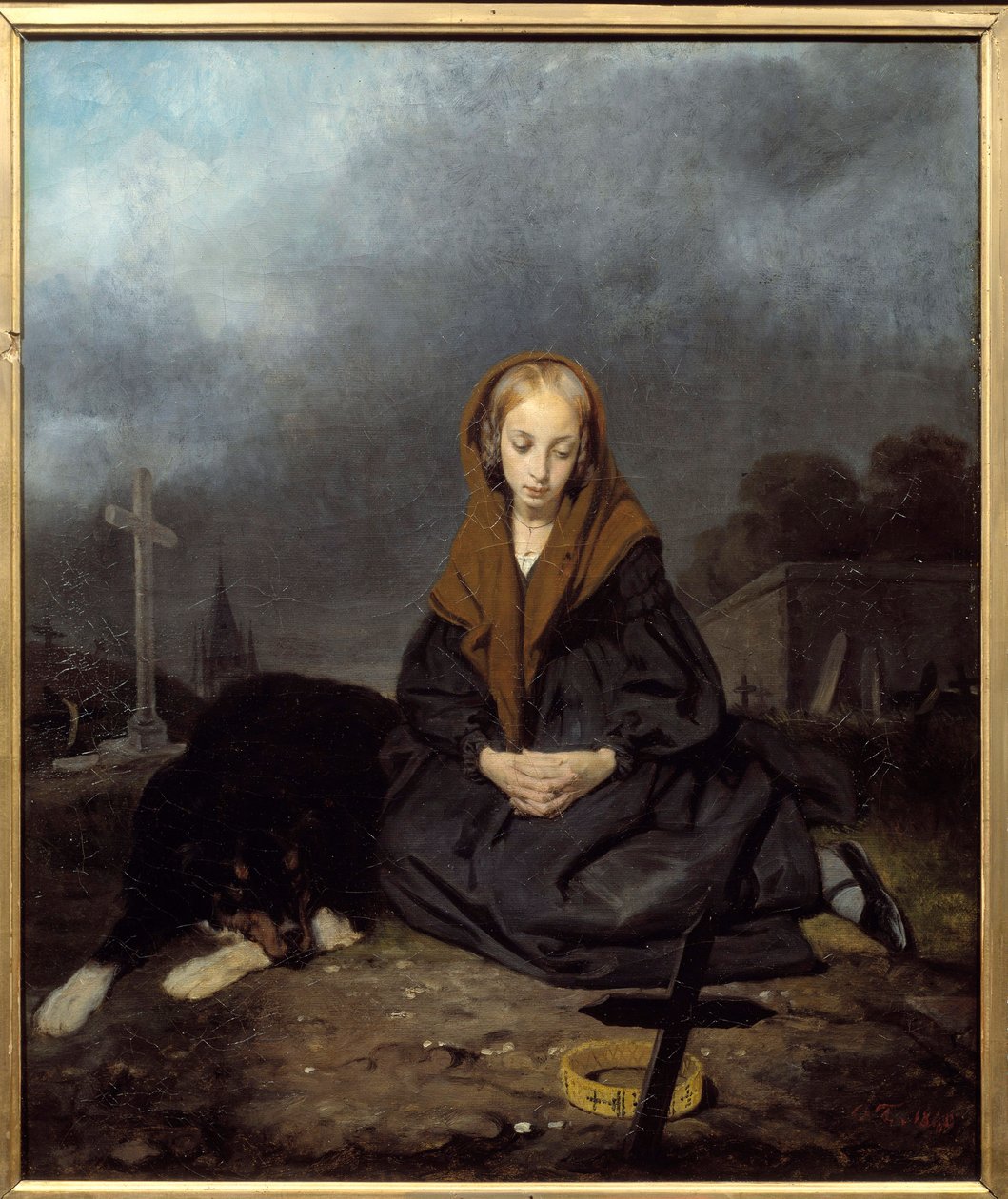Nuori tyttö hautausmaalla Octave Tassaertin maalaus (1800-1874) 1840 Su. 0,45x0,53 m Bayonne, Musee Bonnat tekijältä Octave Tassaert