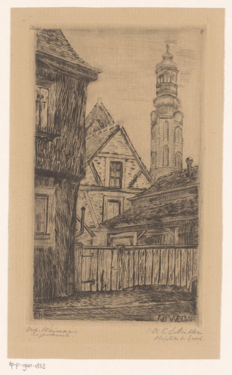 Kaupunkikuva ja torni Weimarissa Alt Weimar (otsikko esineessä) tekijältä Octavia Cornelia Suzanna Hofstede de Groot (signed by artist)