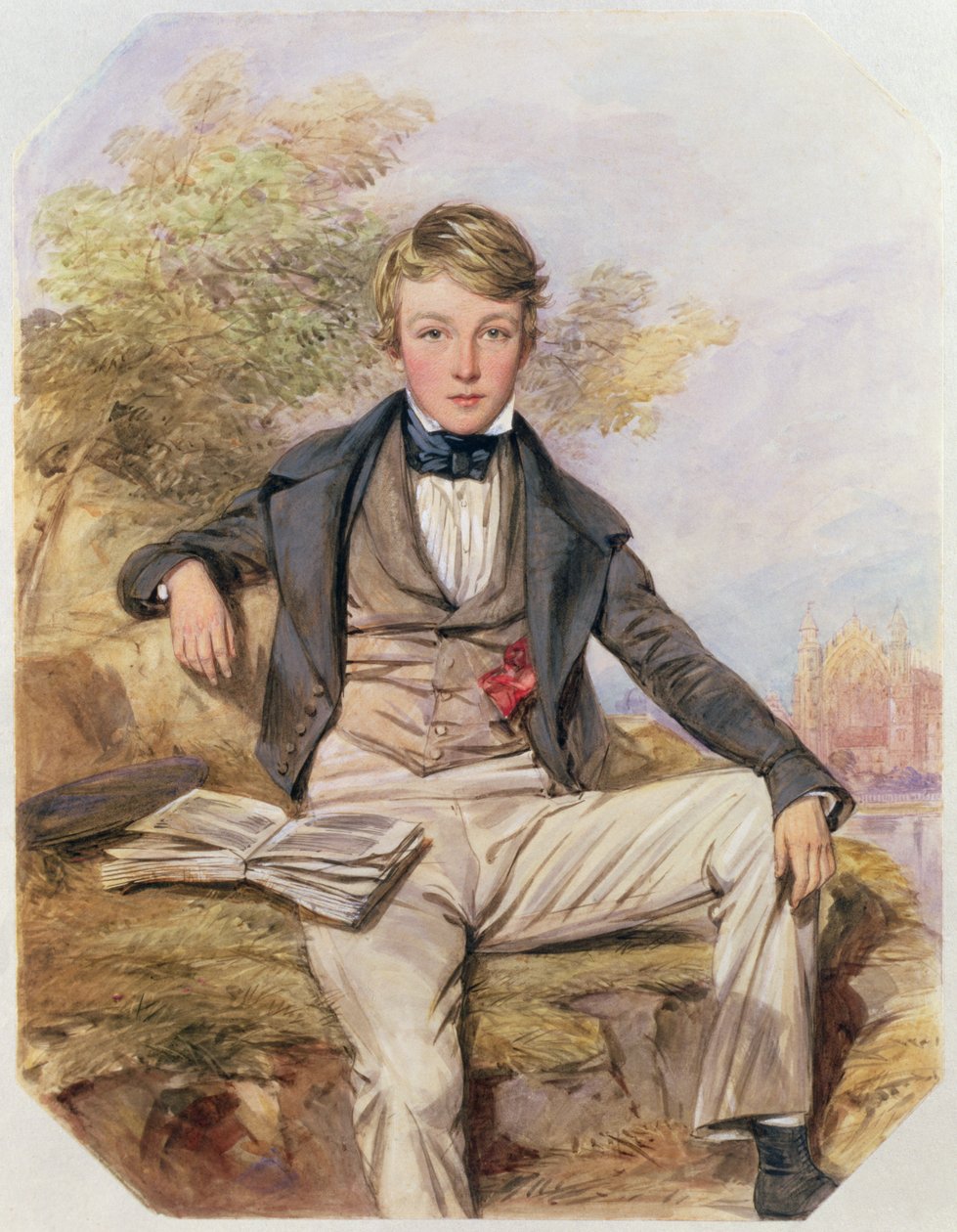 Muotokuva Benjamin Gibbonsista istumassa, näkymä Eton Collegen taakse, n. 1838 (wc paperilla) tekijältä Octavius Oakley