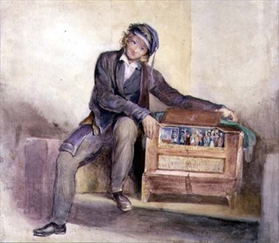 The Organ Grinder, n. 1840 (akvarelli kynällä paperille) tekijältä Octavius Oakley
